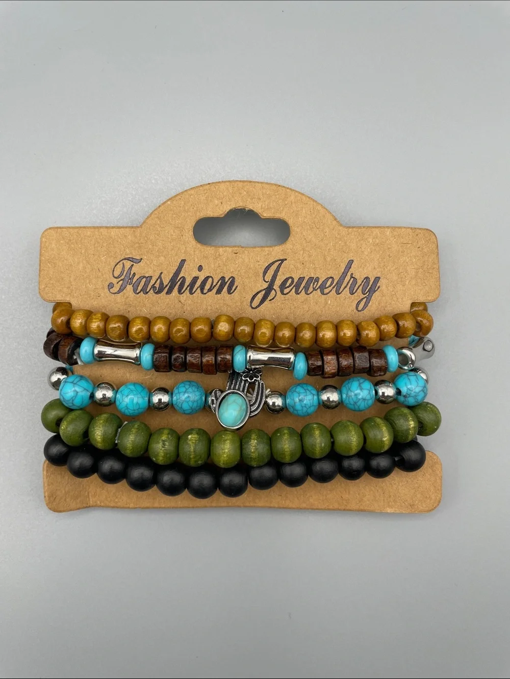 Boho Multi-Strand Beaded Bracelet Set — Turquoise, Olive & Wood